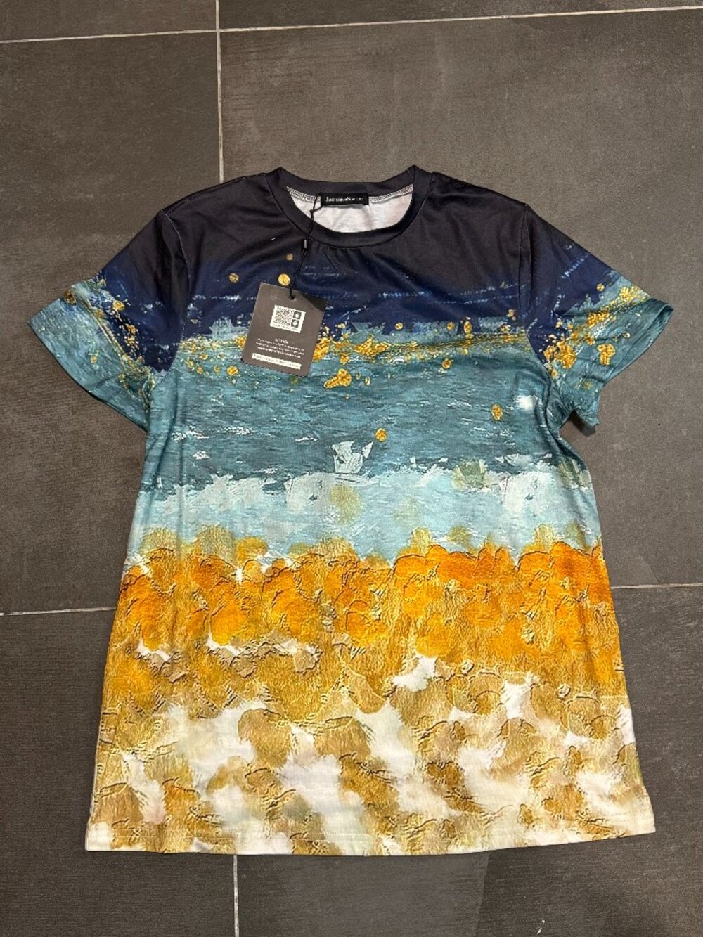 JustFashionNow Abstract Gold Blue Graphic Tee S NWT